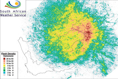 Lightning flash density map for 1 January to 31 December 2006